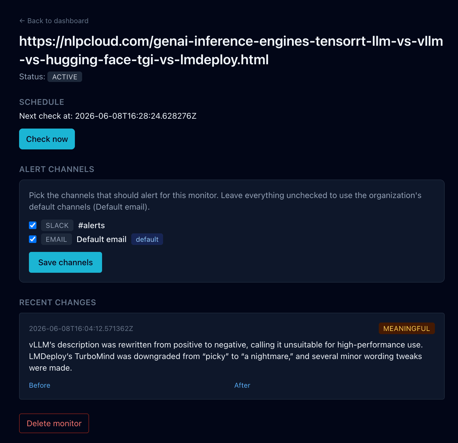 Page Deltas monitor detail showing a flagged meaningful change