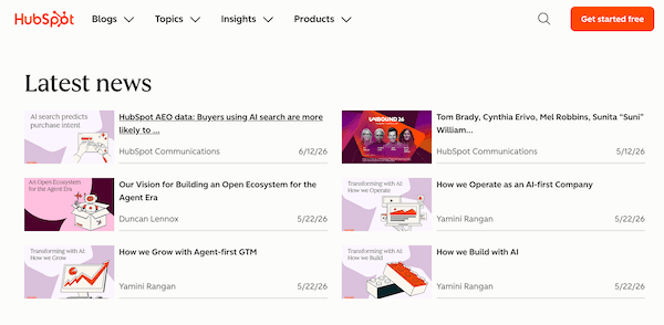 HubSpot-nyhetsrom — listen over siste nytt med artikkeltitler og datoer