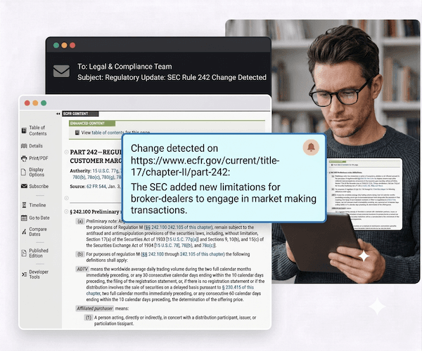 Alerta do Page Deltas resumindo uma alteração da SEC à Regra 242 detectada no eCFR