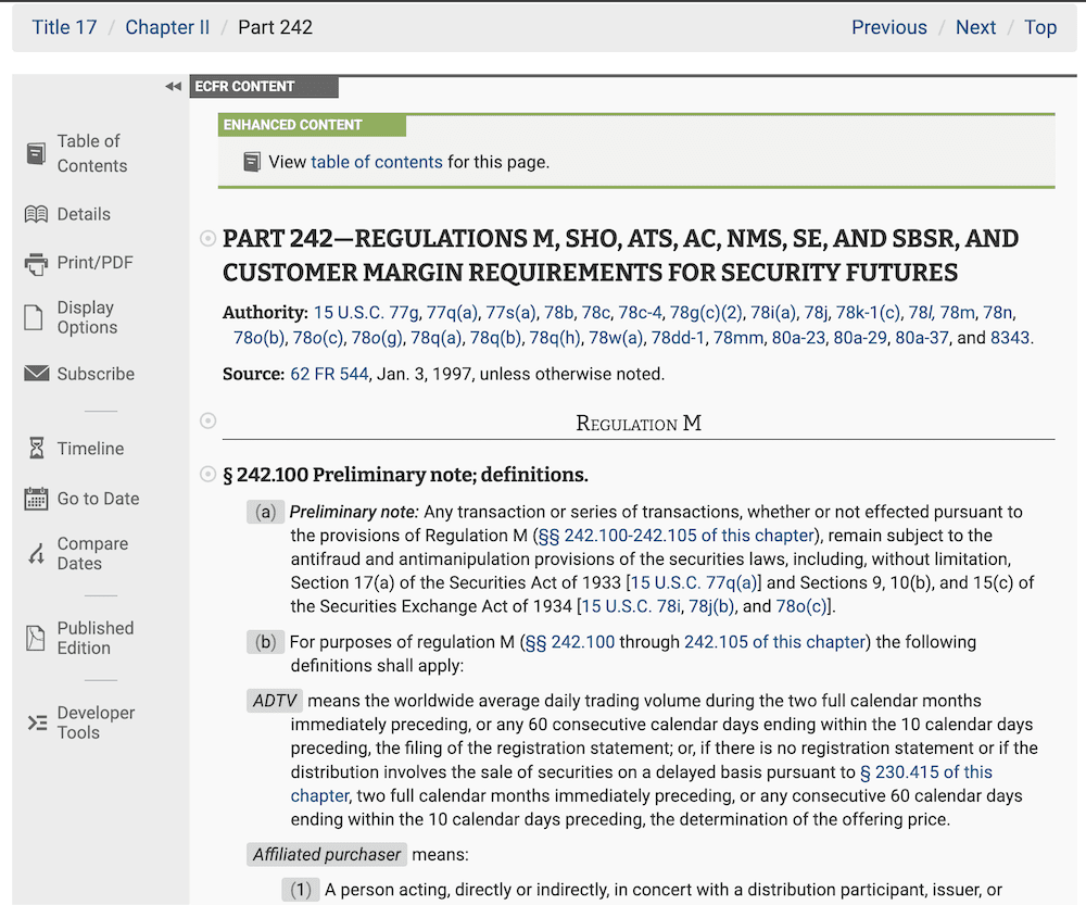 A página eCFR para a Regulação M da SEC, Parte 242, exibindo o texto da regra