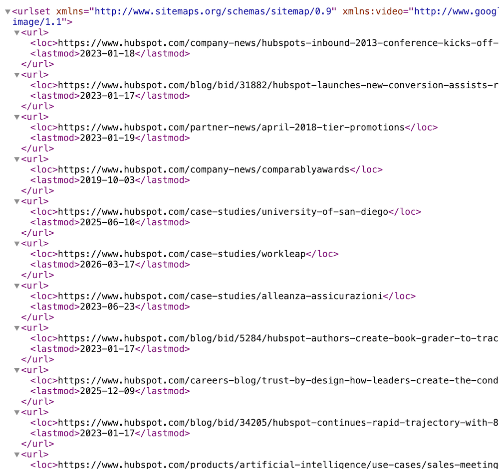 竞争对手的 sitemap.xml,列出已发布的页面 URL 和最后修改日期