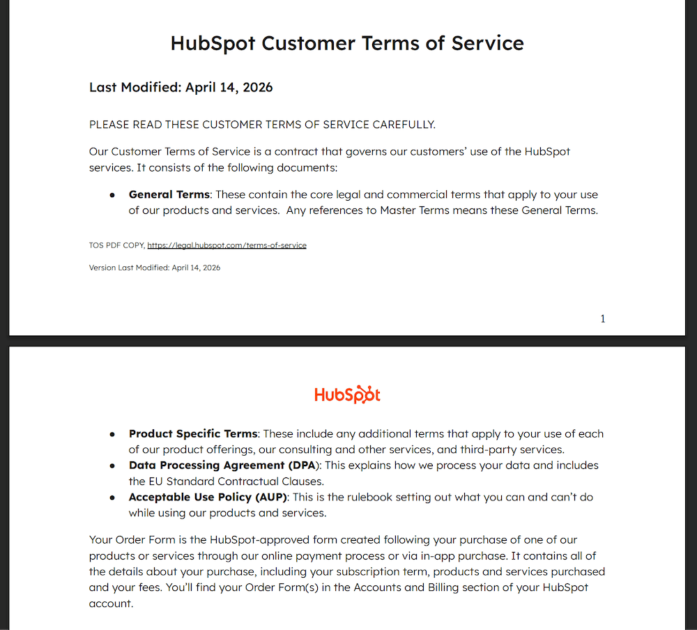HubSpot Customer Terms of Service-dokument med generelle vilkår, en databehandleraftale (DPA) og en politik for acceptabel brug