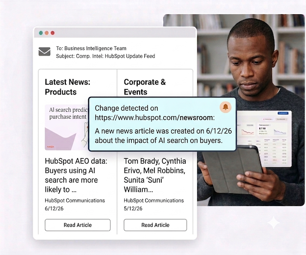 Page Deltas alert showing a newly published article detected on a company's newsroom