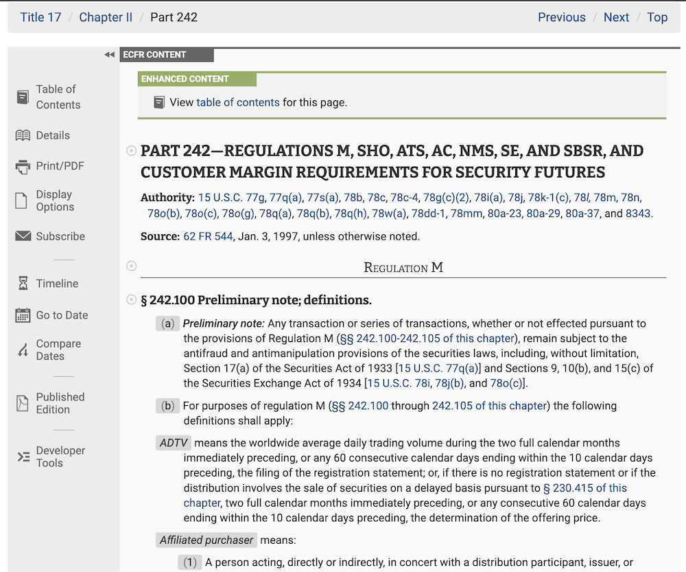 The eCFR page for SEC Regulation M, Part 242, showing the rule text