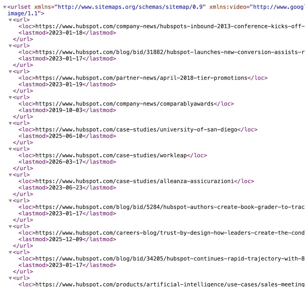 A competitor's sitemap.xml listing published page URLs and last-modified dates