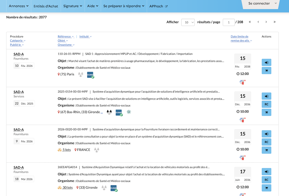 A government procurement portal listing open tenders with their submission deadlines