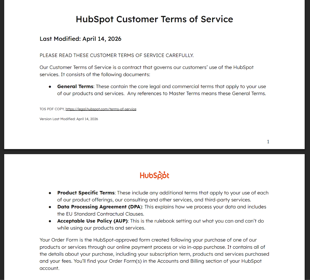 HubSpot Customer Terms of Service document, listing General Terms, a Data Processing Agreement, and an Acceptable Use Policy